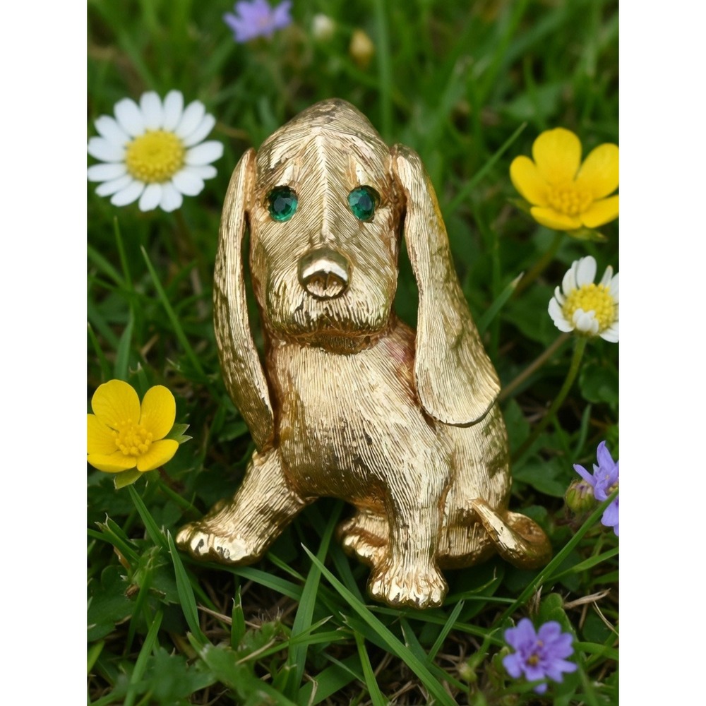 Vintage Monet Signed Dog Figural Brooch Green Rhinestone Puppy Dog Eyes MCM